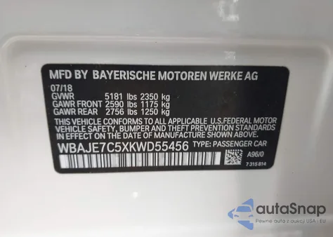 2019 BMW 540I xDrive from USA, damaged, VIN WBAJE7C5XKWD55456